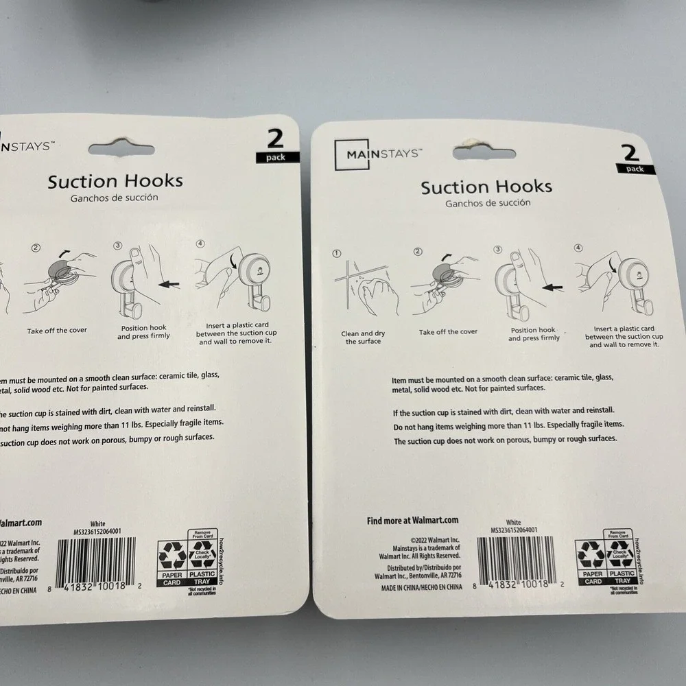 Mainstays Suction Hooks  Set of 2 Total Lot Of 2 -‎ 4 Total Pieces NEW